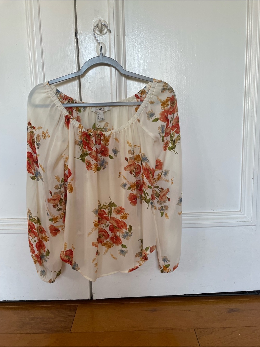 Off the shoulder Cream Floral Peasant Blouse with Red-Orange Blooms